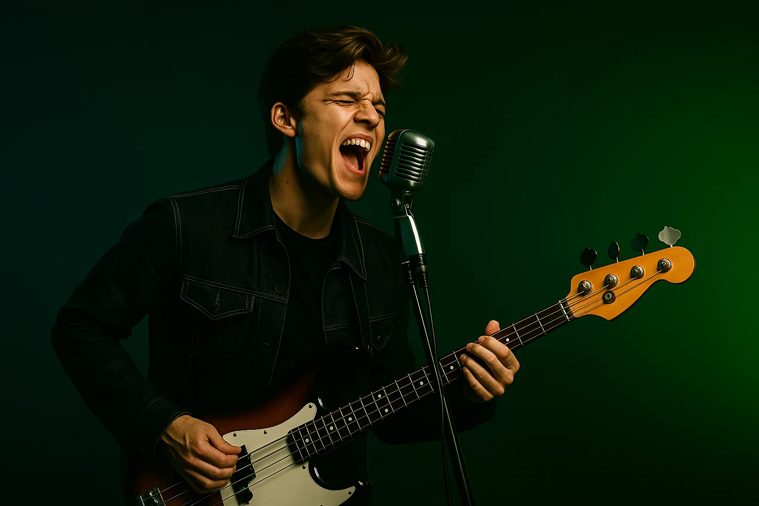 Artist singing and playing bass guitar