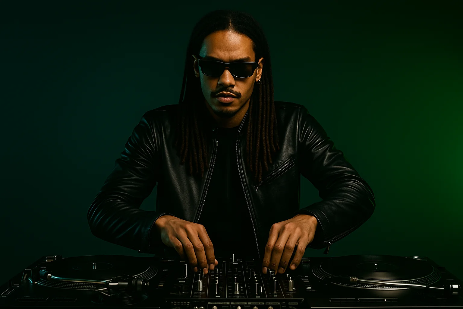 DJ using turntables in a dark green music studio