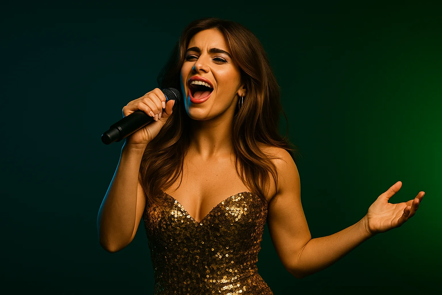 Singer performing into a microphone