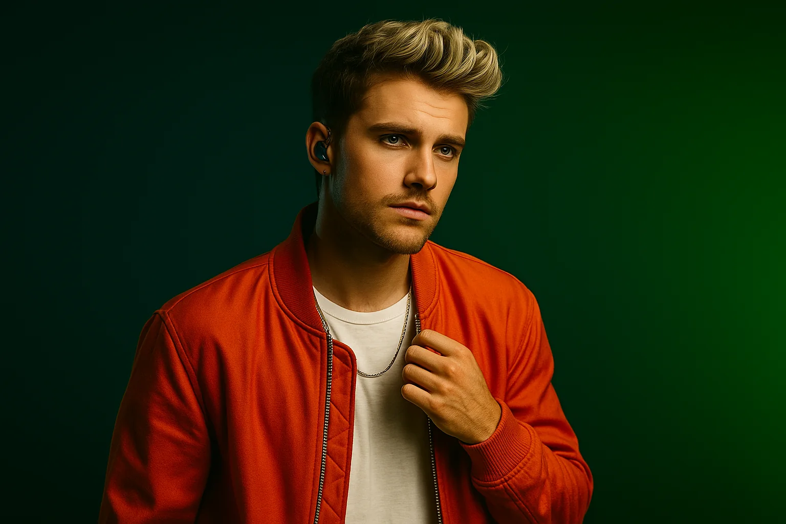 Artist portrait wearing orange jacket