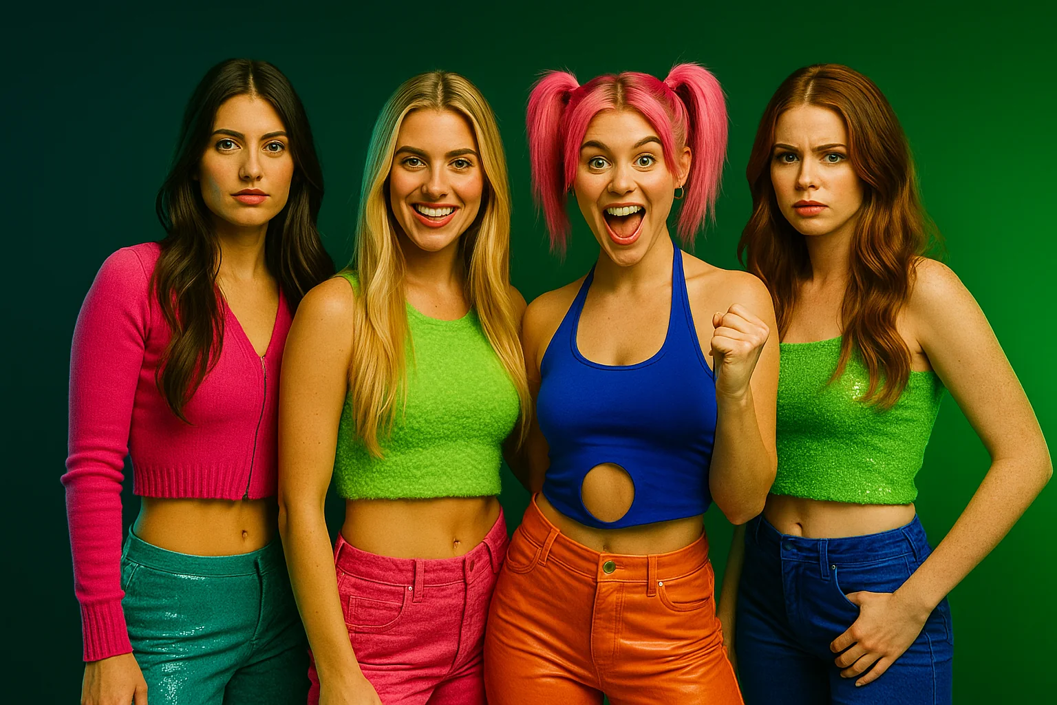 Pop artist group in bright outfits
